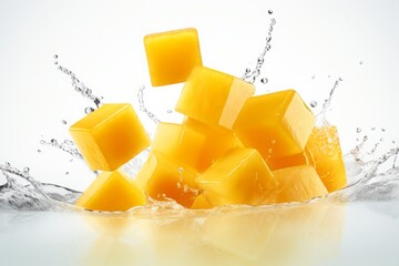 mango cubes in the air. falling, flying pieces of fruit and a splash of juice. levitation. a frozen...