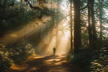 A person walking on a path in the woods, surrounded by trees, with sunlight filtering through the branches