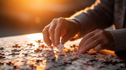 Businesswoman hand piecing together a jigsaw puzzle with the sunlight effect, illustrating business solutions, strategy, and success. . - obrazy, fototapety, plakaty