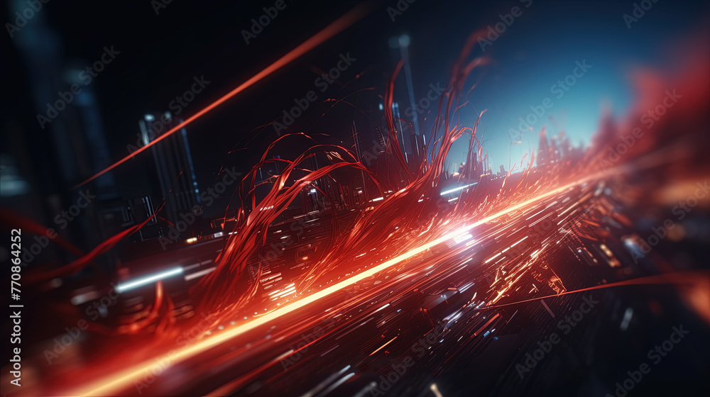 Poster Abstract technology burst with glowing wires and particles in motion. Technology and science dynamic background.