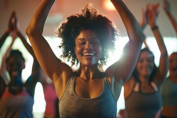 Group of women energetically practicing yoga in a gym class with upbeat music and enthusiastic participants