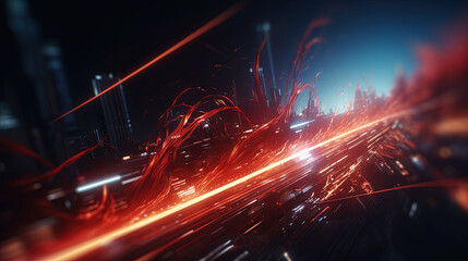 Obraz premium Abstract technology burst with glowing wires and particles in motion. Technology and science dynamic background.