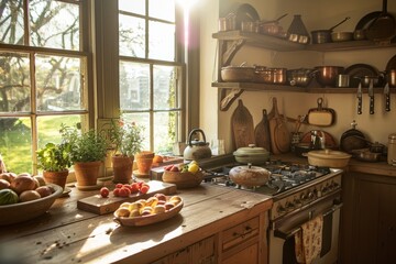 Sunlight streams into a rustic farmhouse kitchen filled with an abundance of vintage pots and pans