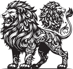 Wild roaring lion king head tattoo set.  lions heads black and white ink sketch silhouettes