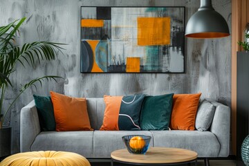 A living room filled with various furniture pieces and a large painting hung on the wall, showcasing abstract or geometric patterns