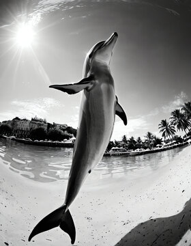 Fashionable Dolphin: Experimental Underwater Photography in Black and White | This striking black and white image captures an anthropomorphic dolphin dressed in a fashionable outfit, as if it wer