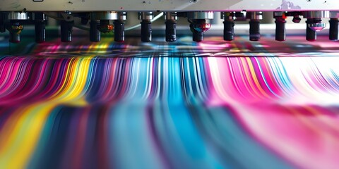 A large format printer in use producing a colorful design on a sheet of paper. Concept Large Format Printer, Colorful Design, Printing Process, Technology, Innovative Printing