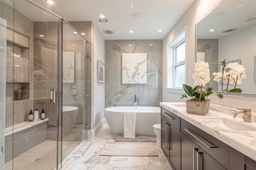 A high-angle shot of a luxurious bathroom featuring a freestanding bathtub, rainfall shower, and marble sink