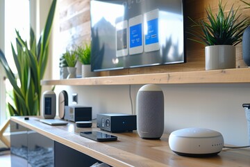 A high-angle view of a shelf filled with various electronics such as voice-controlled assistants, smart thermostats, and security cameras, with a television in the background
