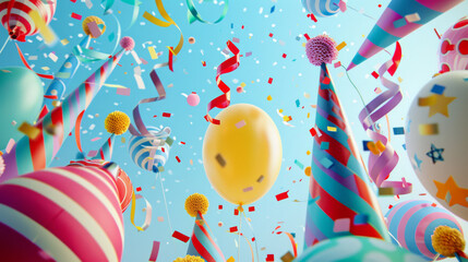 Party hats, balloons, and confetti create a festive celebration atmosphere on a blue background.