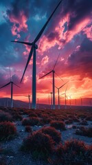 Turbines in a wind farm spin against the backdrop of a stunning sunset, epitomizing the beauty and potency of wind energy. - obrazy, fototapety, plakaty