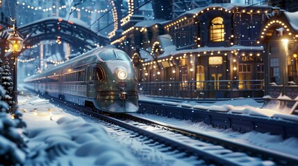 A beautiful train rides on snow-covered rails. Beautiful futuristic picture