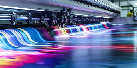 Large Format Printing Machine: Operational in a Printing Facility. Concept Large Format Printing, Printing Equipment, High-Quality Prints, Operational Efficiency