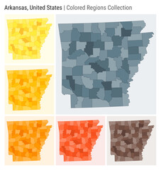 Arkansas, United States. Map collection. State shape. Colored counties. Blue Grey, Yellow, Amber, Orange, Deep Orange, Brown color palettes. Border of Arkansas with counties. Vector illustration.