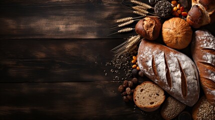 Top view of various freshly baked breads on wooden background with space for text