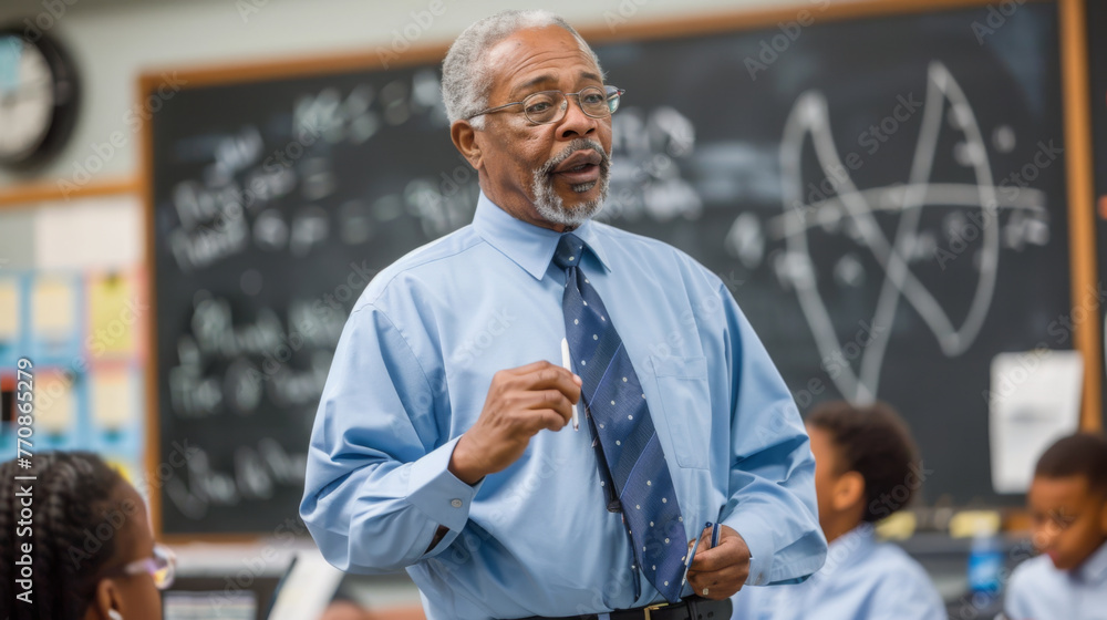 Poster a seasoned educator discusses complex topics with students in front of a chalkboard filled with form