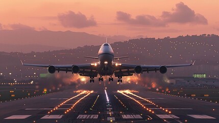A large jetliner taking off from an airport runway at sunset or dawn with the landing gear down