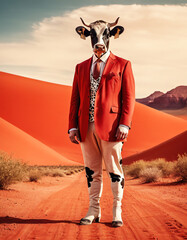 Fashionable Bovine Sophistication: Anthropomorphic Cow in Red Desert Couture | This striking image depicts an anthropomorphic cow wearing a stylish red suit and tie, standing in a dramatic desert - obrazy, fototapety, plakaty