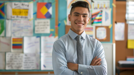 Fototapeta premium A smiling man stands confidently in front of a classroom whiteboard.