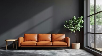 A minimalist living room with dark gray walls, featuring an orange leather sofa and coffee table against the wall