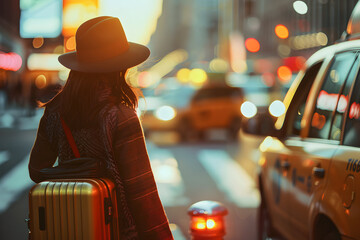 A stylish woman in a coat and hat with a suitcase gets into a taxi