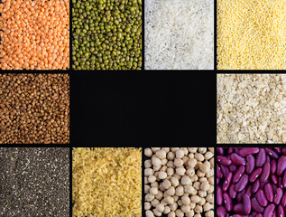 Collage of various cereals and legumes. Black background. Copy space.