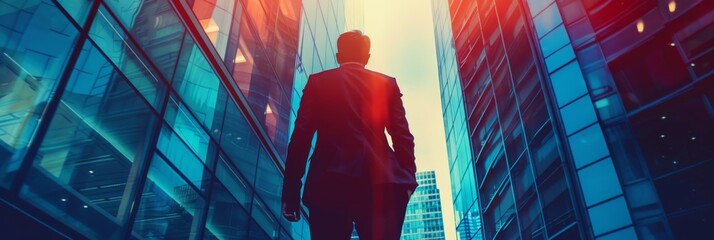 Businessman walking through glass buildings - A confident businessman strides through a modern cityscape, surrounded by towering glass buildings under a clear sky - obrazy, fototapety, plakaty
