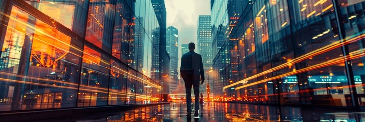 Man walking through illuminated dynamic city - Twilight image of a man walking confidently through a city aglow with lights and geometric light trails - obrazy, fototapety, plakaty
