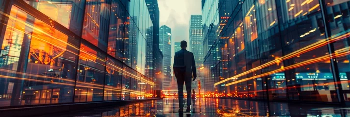 Foto op Canvas Man walking through illuminated dynamic city - Twilight image of a man walking confidently through a city aglow with lights and geometric light trails © Mickey