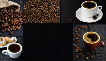 Collage of coffee cup and roasted coffee beans on the black  background. Copy space.