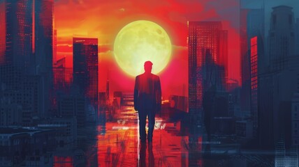 Silhouette man before apocalyptic cityscape - A mysterious figure stands before a dystopian city with a massive moon looming overhead, evoking a sense of impending doom - obrazy, fototapety, plakaty