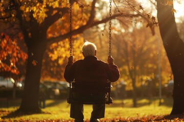 An old person on a swing illustrating happiness , aging gracefully  - obrazy, fototapety, plakaty