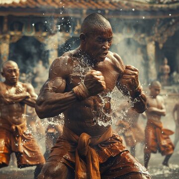 Witness the intensity of monk athletes as they engage in a fierce game of Muay Boran, the ancient precursor to modern Muay Thai, professional color grading