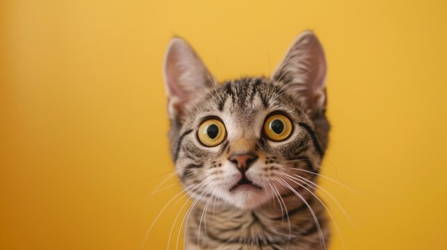 very surprised cat makes big eyes close-up on a colored background