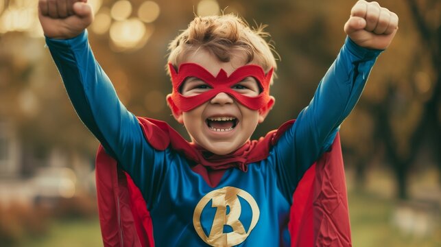 young boy in a superhero costume, triumphant pose