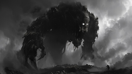 Fantasy horror scene huge demon monster  , a horror book cover idea . - obrazy, fototapety, plakaty