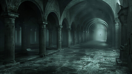 Fantasy horror walking way scene, scary underground tunnel under ruins castle , a horror book cover idea . - obrazy, fototapety, plakaty