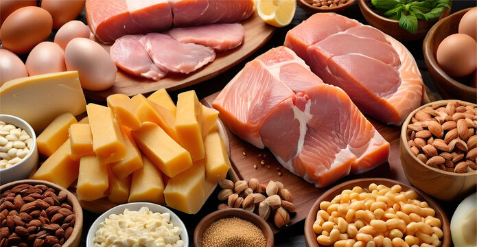 Different types of protine inculding meat nuts eggs butter