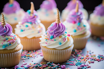gâteaux individuels pour anniversaire sur le thème des licornes. Cupcakes avec glaçage royal monté à la poche à douille blanc et violet avec des perles de sucre multicolore et des vermillons 