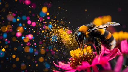  Bee gathering nectar and spreading the colorful pollen powders - obrazy, fototapety, plakaty