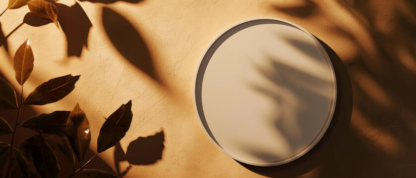Pastel mockup with round empty frame on decorative textured stucco background. Tropical palm leaf, sunlight and shadows effect. Generative ai