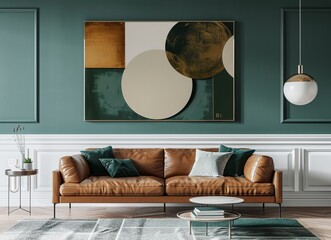 A minimalist living room with teal walls, white wainscoting and an elegant leather sofa