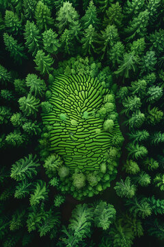 Drone ai generated photography of green forest with human fingerprint made of trees. Earth day concept. Save planet and nature poster.