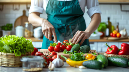 Hands chop garlic on a wooden board among fresh tomatoes and herbs in a sunny kitchen.