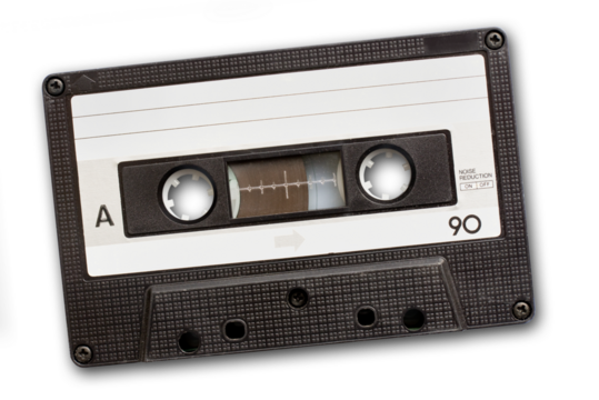 Close up of a vintage cassette tape isolated on transparent background, retro music, png file