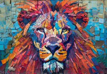 Fototapeta premium Decorative lion and elephant painting made using colorful broken tiles