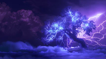 Deurstickers Electrical Storm in Blue Neon over Tree © CarolineJeff