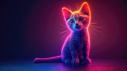 A neon glowing kitten with large eyes outlined in pink and yellow hues.