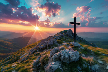 croix, calvaire de chemin en haut d'un chemin de randonnée à la montagne au moment du coucher de soleil. Espace négatif copy space. Religion chrétienne dans la nature - obrazy, fototapety, plakaty