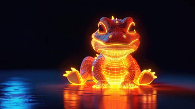 A vibrant neon frog sitting calmly, glowing warmly in a serene dark setting.